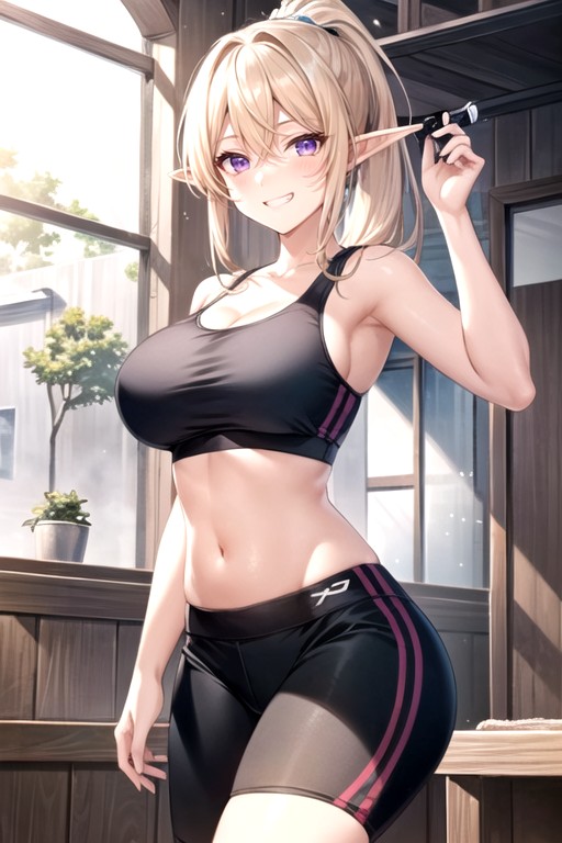 Sport Bra, Purple Eyes, Grinning AI Porn