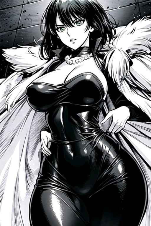 Fubuki (one Punch Man), Thigh-high Black Boots And Several White Pearl Necklaces, Long White Fur Coat Pornografia de IA