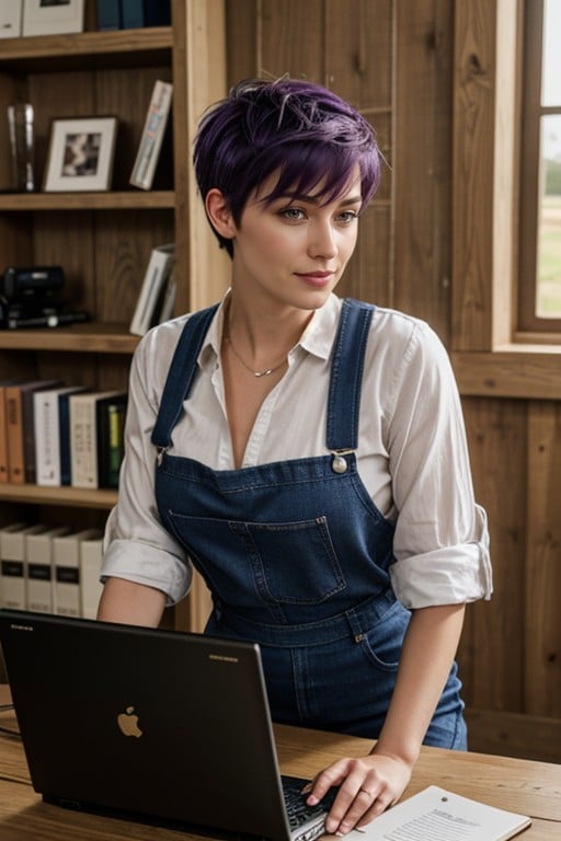 Short Length, Study Room, Purple Hair AI Porn