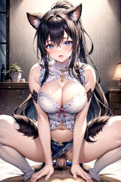 Blue Eyes, Ponytail, Bed AI Porn