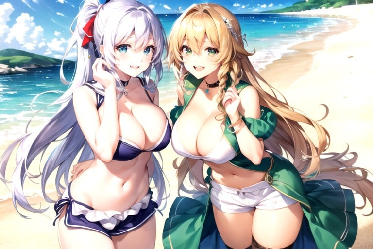 Praia, 2 Pessoas, Leafa (sword Art Online) Pornografia de IA