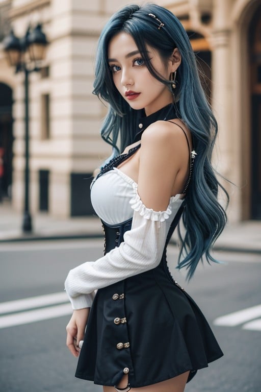 Waist Shot, Blue Hair, Goth AI Porn