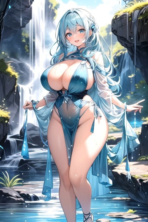 Massive Breast, Slime Girl, Light Blue Hair AI Porn