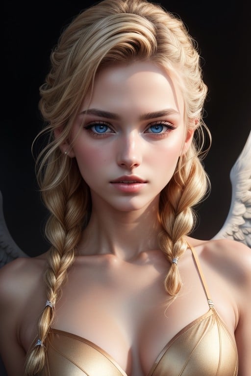 Blonde Braid Angel With Wings Golden Pink Bra Golden Pink Underwear Painted Eyes Kissing Girl, 18 Pornografia de IA