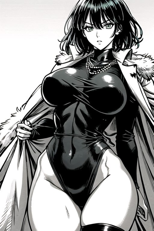 Long White Fur Coat, Black & White Manga, Underboob AI Porn