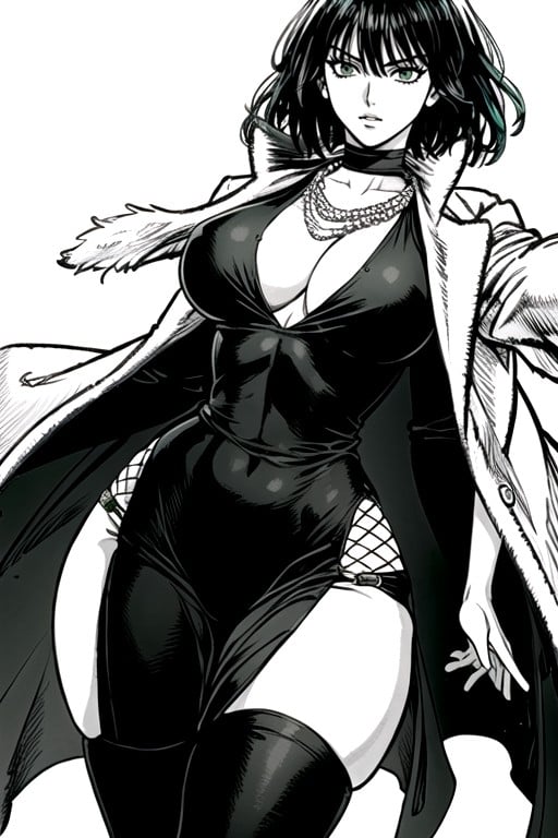 A Dark Green Form-fitting V-neck Dress With A High Collar, Green And Black Lace Dress, Fubuki (one Punch Man) AI Porn