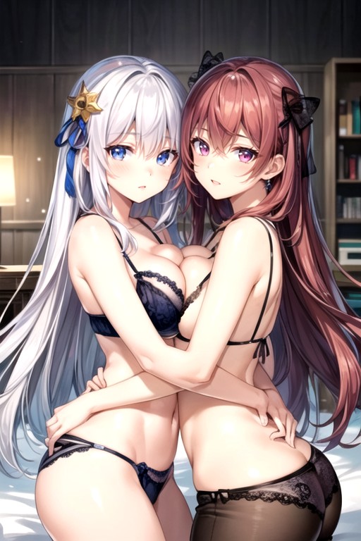 Girls Hugging, Japanese, Pink Hair AI Porn