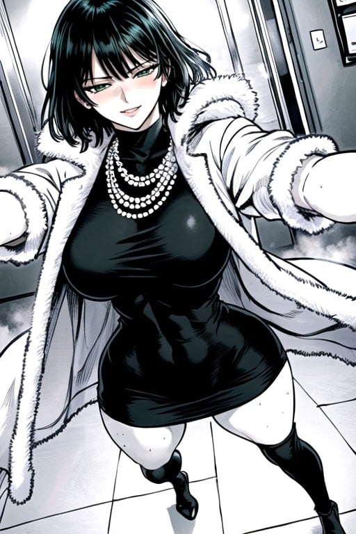 超大, Thigh-high Black Boots And Several White Pearl Necklaces, 黑白漫画AI黄片