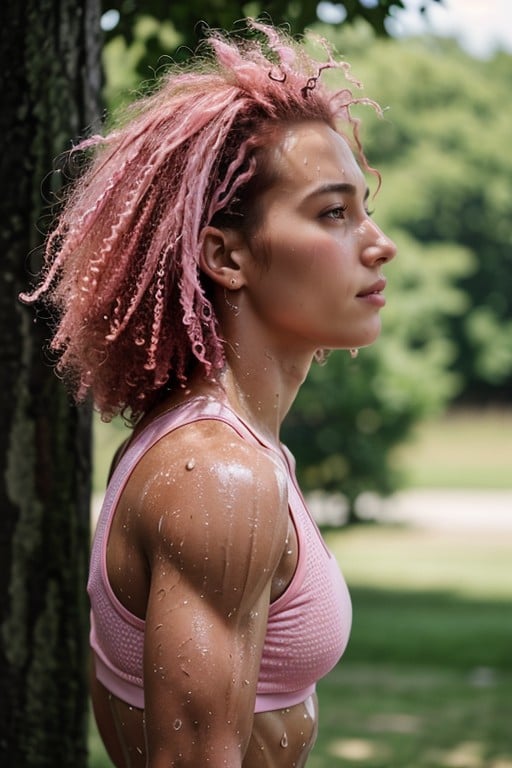 Pink Hair, Sweaty, Permed Hair AI Porn