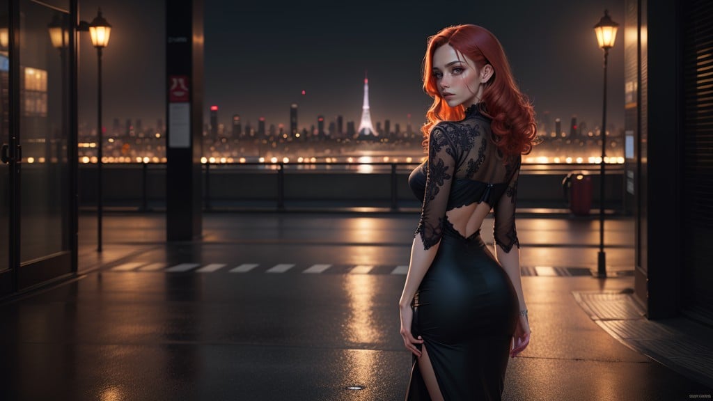 Tokio At Night, Full Body, Medium Red Hair Girl From Behind AI Porn