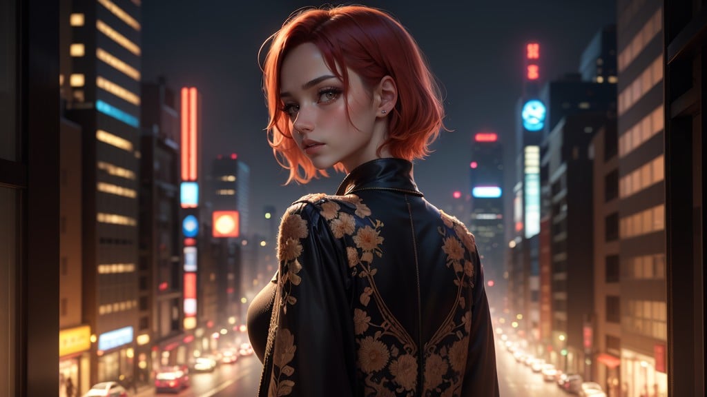 Short Red Hair Girl From Behind, Looking At City Panorama, シネマティックAIポルノ