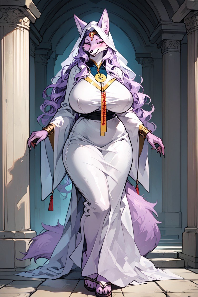 Wide Hips, Lavender Fur, Wavy Hair With Lavender HighlightsPorno AI