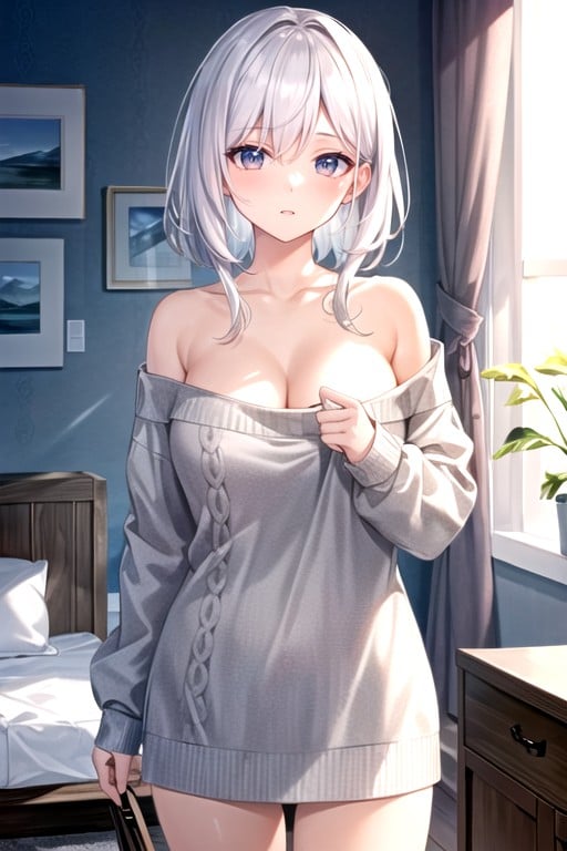 Bedroom, Sweater, Off-shoulder AI Porn