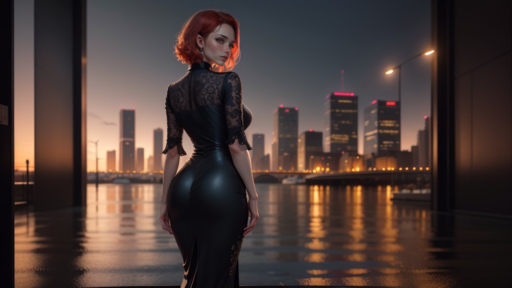 シネマティック, Short Red Hair Girl From Behind, Looking At City PanoramaAIポルノ