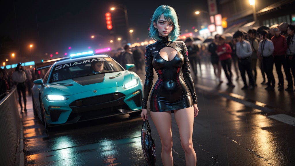 One Japanese Sexy Girlcyan Hair Multicolor, Rain, No Underwearstanding With Legs Wide Spread Between Two Racing Cars Participating In A Night Car RacestokioAI黄片