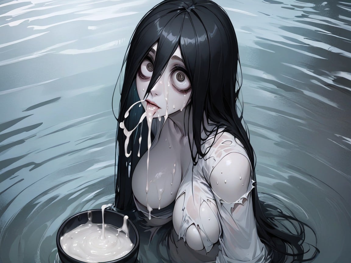 Cartoon Big Eyes, Soaking Wet, Pouring A Cup Of Cum On Her Face From Above Pornografia de IA