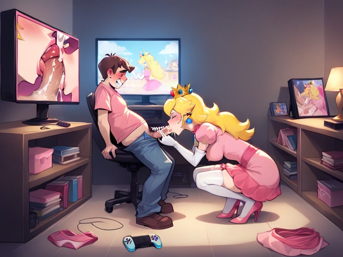 Tv, フェラチオ (第三者視点), Princess Peach With Slutty GrinAIポルノ