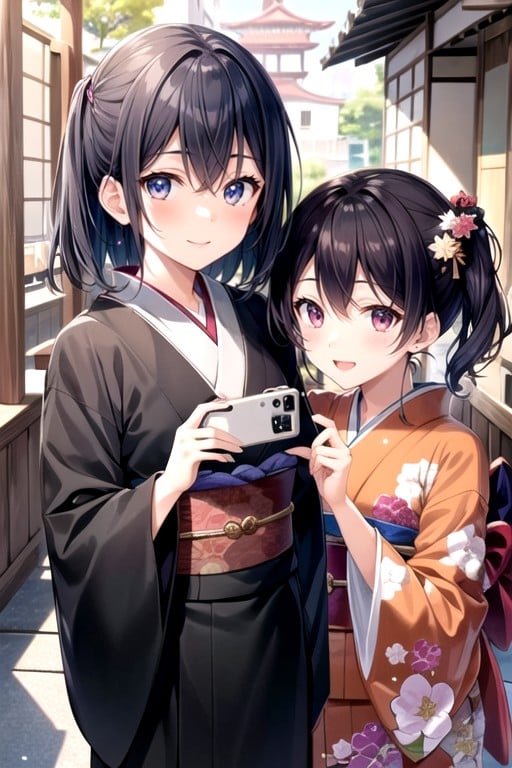 Japanese Clothes, Smiling, Holding Nesobiri Pornografia de IA