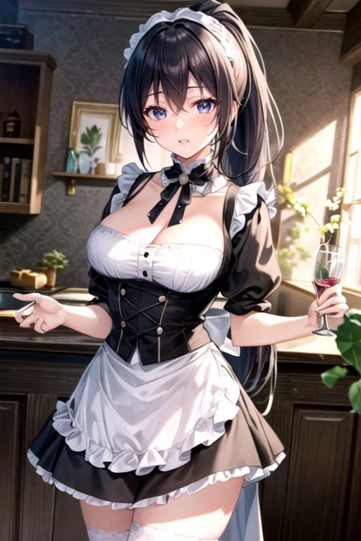 Ponytail, Black Hair, French Maid AI Porn