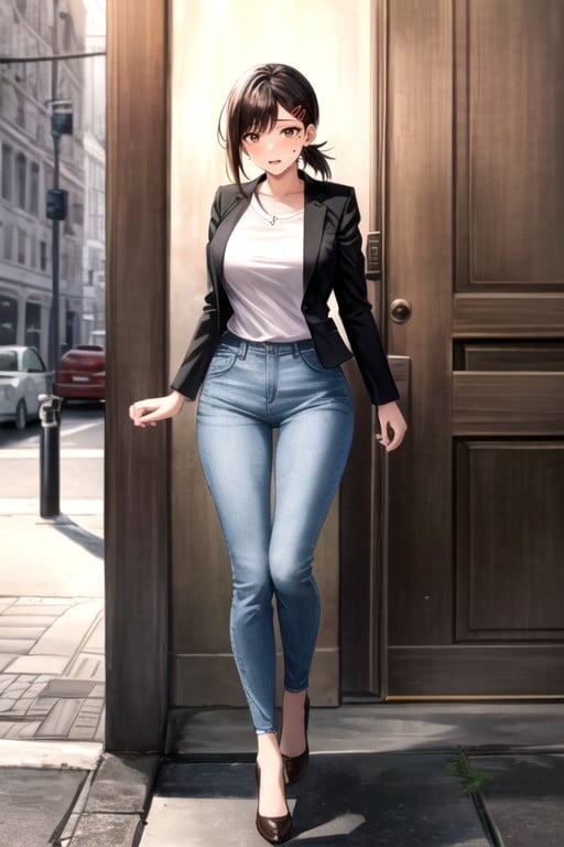 Jeans, Jacket, Rounded Breast AI Porn