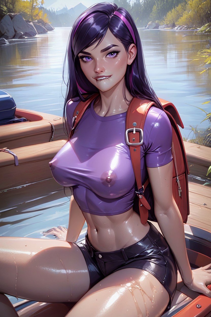 Camping Backpack, Tight Purple Crop Top, Hard Nipples Showing Through FabricAI黃片