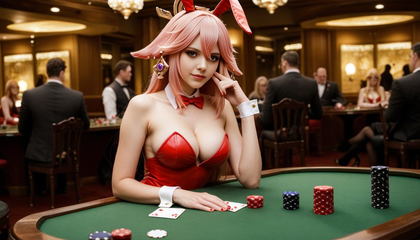 Card Joker On Poker Table, Wear Red Suit, Hotel Hall AI Porn