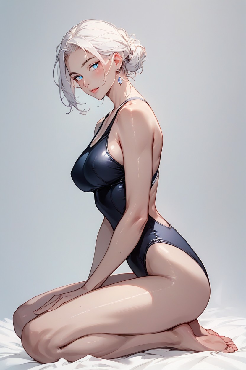 Year Old White Skinny Woman With Short Dark Hair And Blue Eyes Wearing Black Swimsuit, 全身, 跪着AI黃片