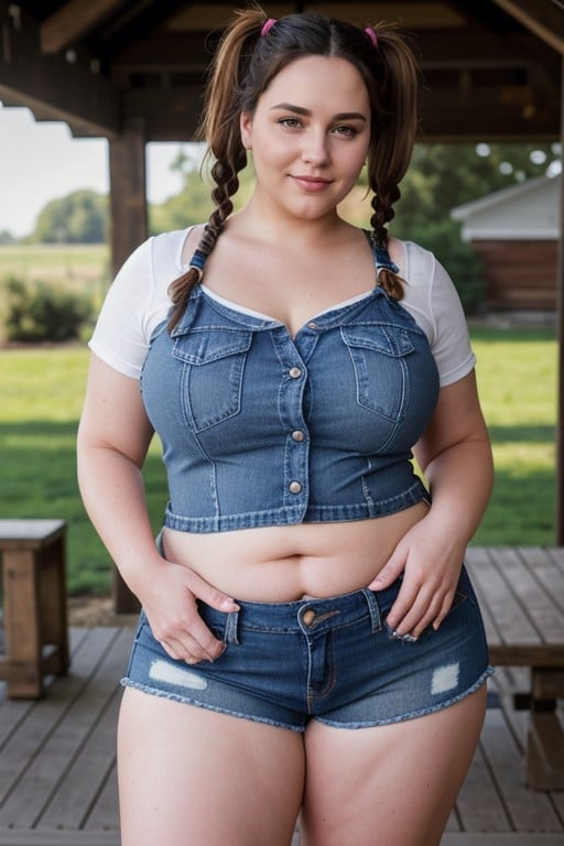 Wearing Jeans Shorts And Short Flanel Shirt, Ssbbw, Brunette Farm Girl With PigtailsAI黄片