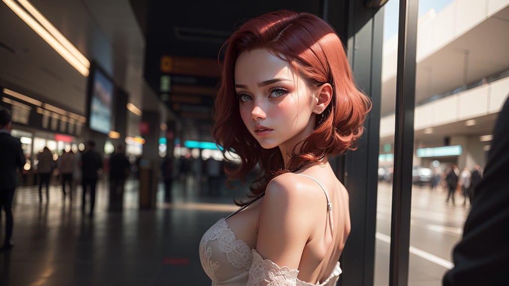 Red Hair, Full Body, Girl On Airport Flying Back AI Porn