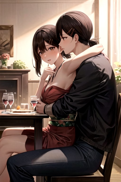 侧视图, Multi-person Gathering、wine Table 、kobeni、coquettish、drink、flattering、give The Guests Wine、beauty Plan、the Accompanying Girl、sitting On A Man's Lap 、hug And Hug、, 和服AI黄片