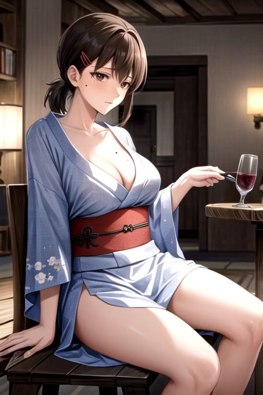 Clivage, Kimono, Multi-person Gathering、wine Table 、kobeni、sitting On A Man's Lap、drink、Porno IA