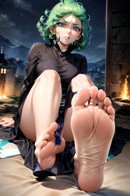 Sentado Apresentando Pés, Sentada Com Pernas Abertas, Tatsumaki (one Punch Man) Pornografia de IA