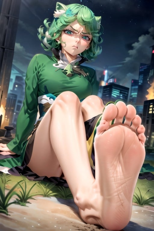 De Baixo Para Cima, Sentado Apresentando Pés, Tatsumaki (one Punch Man) Pornografia de IA