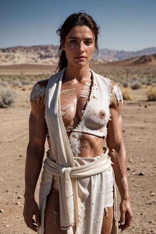 Covered In Dirt And Sweat, Standing In The Desert, White Woman Wearing A Torn Roman Toga AI Porn