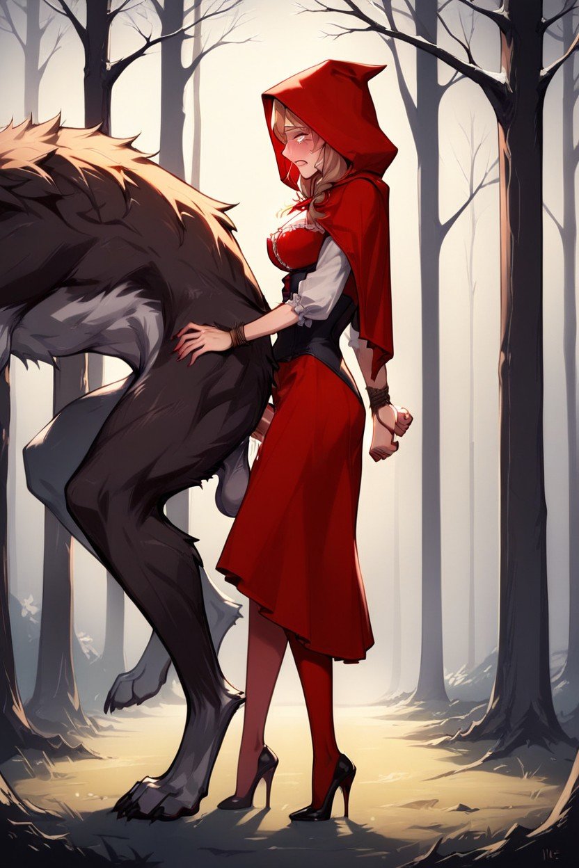 Wolf Fucking Anal Red Riding Hood, Red Stocking, 側面図AIポルノ