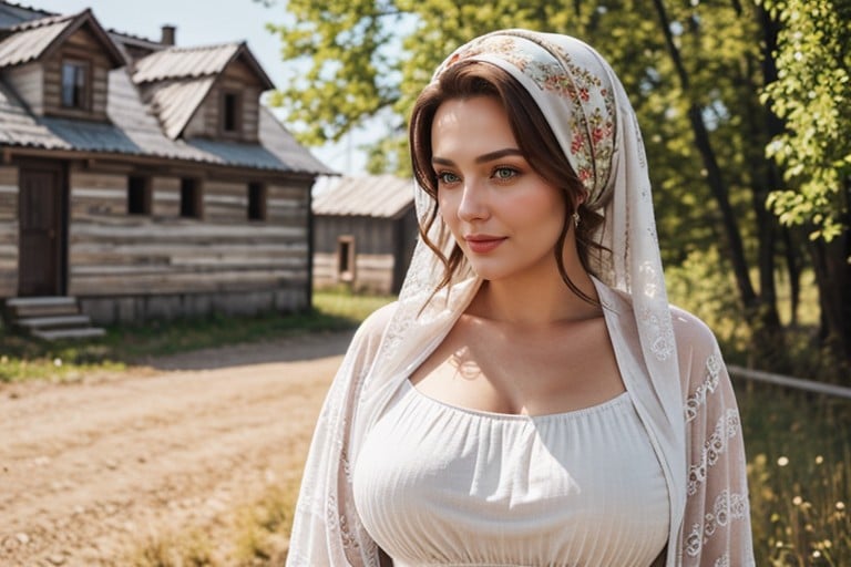 Curvy Russian Girl, With Straight Hair With Bang, Headscarf Pornografia de IA