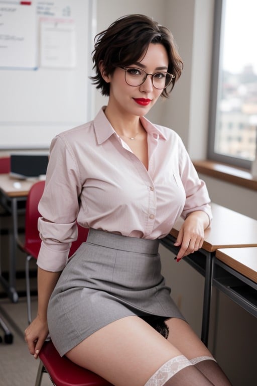 Grey Pencil Skirt, Messy Short Grey Hair, NsfwAI 포르노