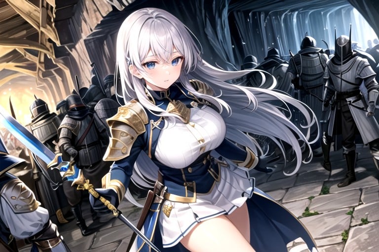 Many People Around, Long Hair, In Her Right Hand She Holds A Blue-hilted Rapier AI Porn