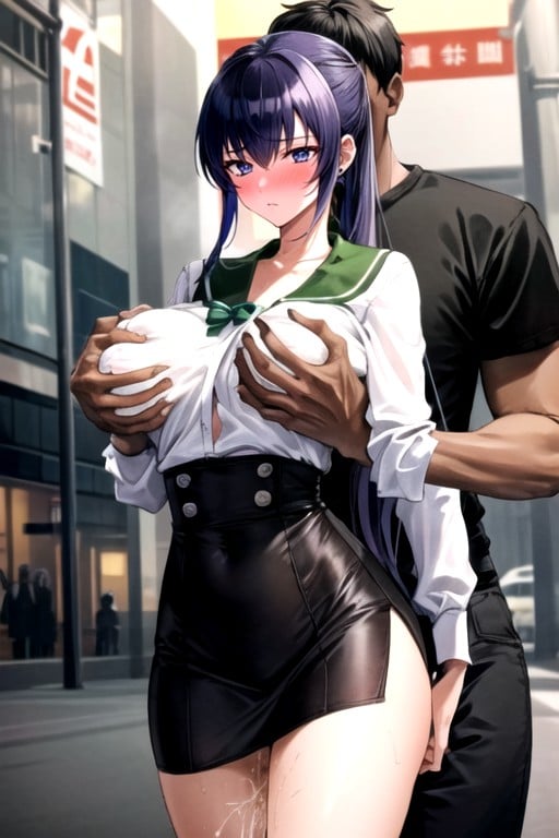 Busujima Saeko (high School Of The Dead), Muitas Pessoas Ao Redor, Agarrado Por Trás Pornografia de IA