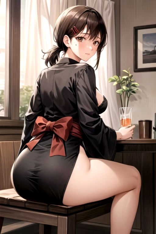 もも出し, 着物, Kobeni、buttocks 、sitting On A Man's Lap、drink、intimate Manners、AIポルノ