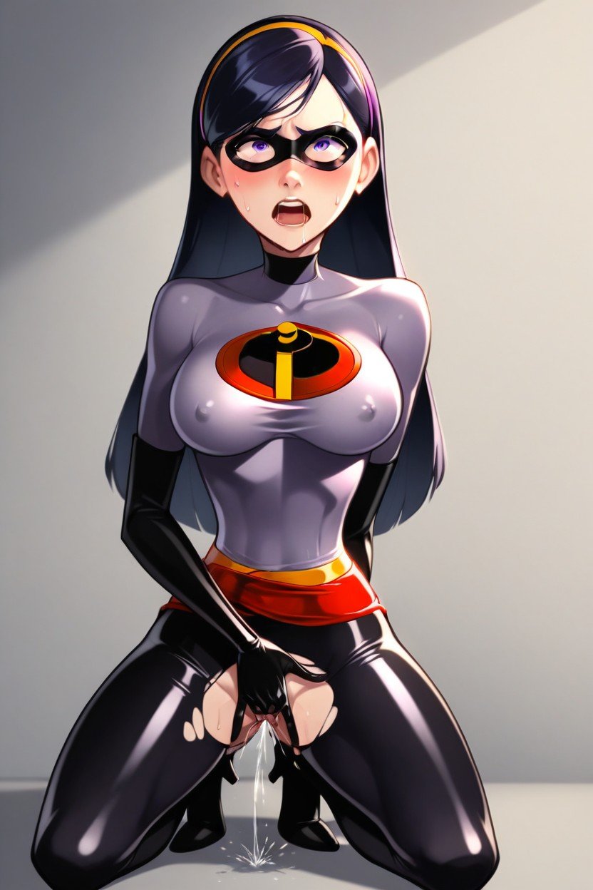 De Rodillas, Violet Parr Wearing Torn Superhero Suit, Masturbación FemeninaPorno AI