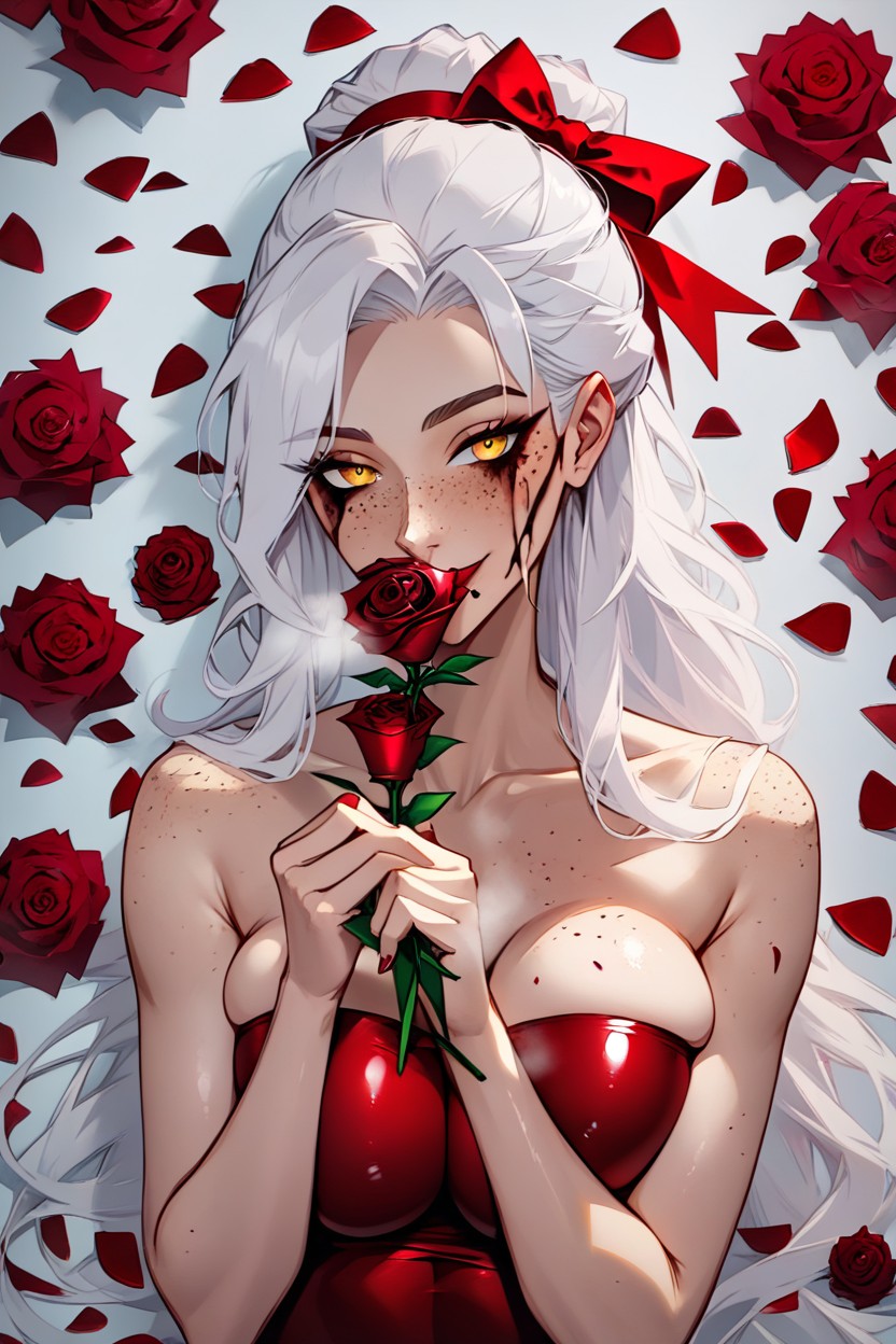 Almost Buried In Roses, Long White Hair, Hundreds Of Roses Surround Her AI Porn