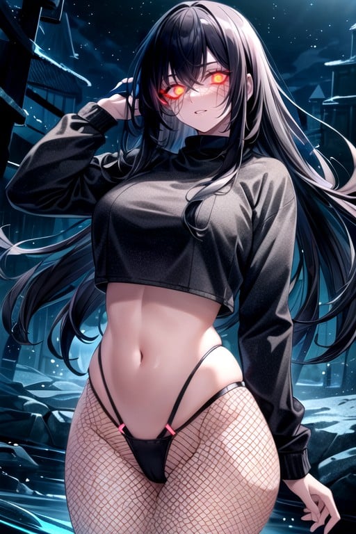 Glowing Eyes, Thong, Crop Top SweatshirtAIポルノ