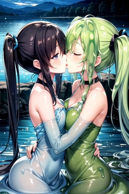 Girls Kissing, Lake, Pigtails AI Porn