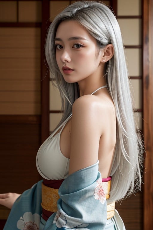 Quimono, Cabelo Branco, Japonesa Pornografia de IA