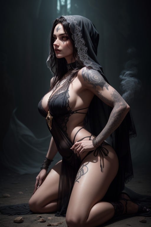 In This Gothic Guise, Intricate Tattoos And Runes Pulse With Arcane Energy Against Her Pale Complexion, Flickers With IntensityAI 포르노