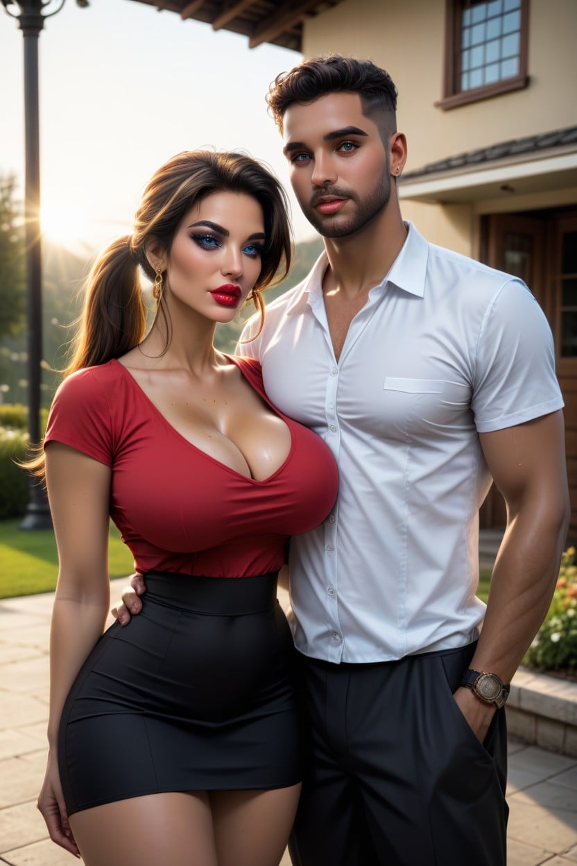 Couple Standing On Front Lawn Of Poor House, Sexy Body, Standing AI Porn