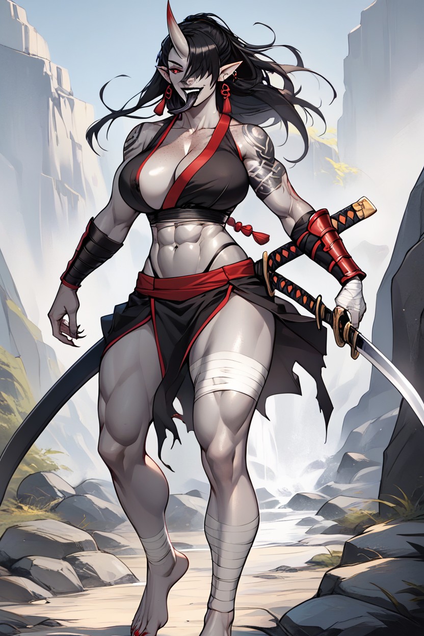 Asymmetrical Arms, Bandaged Foot, Japanese Armor AI Porn