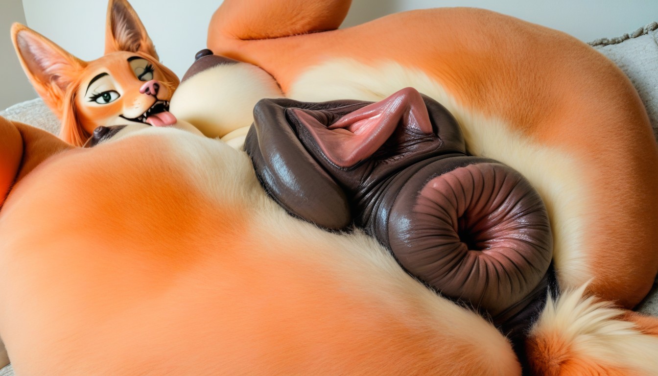 Enlarged Nipples, Massively Enlarged Genitals, Orange Fur Like Diane Foxington Furry AI Porn