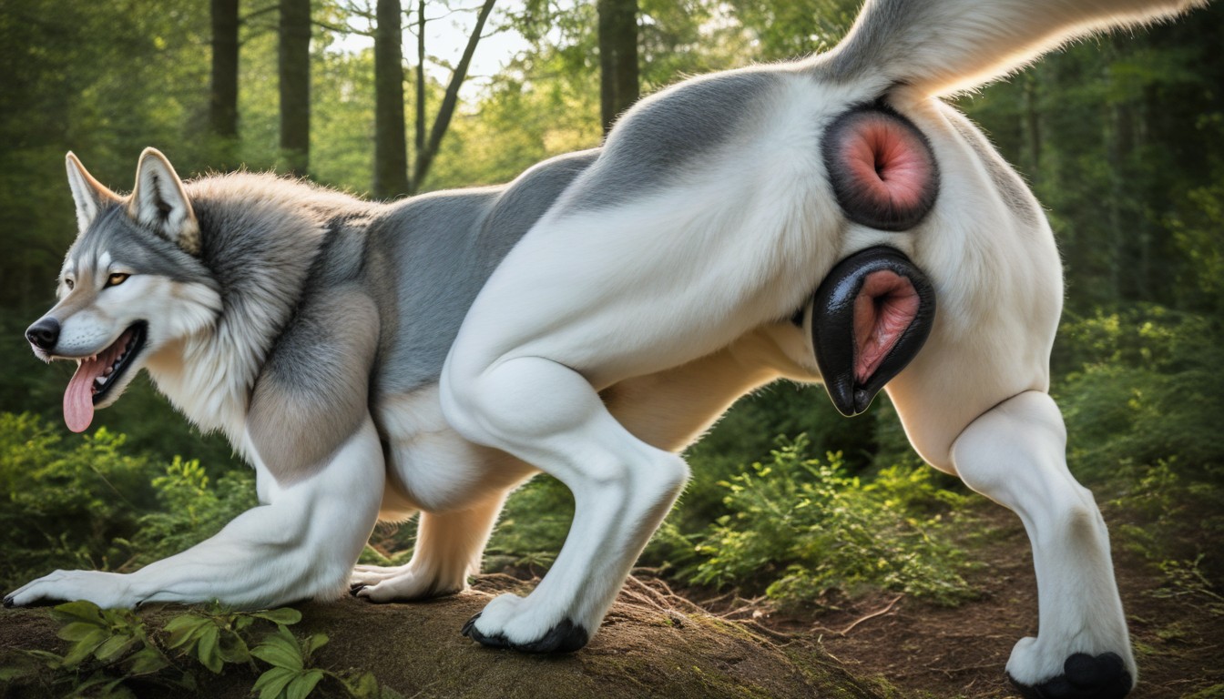 Squatting, Bestial Large Grey Wolf, Dense Forest Furry AI Porn